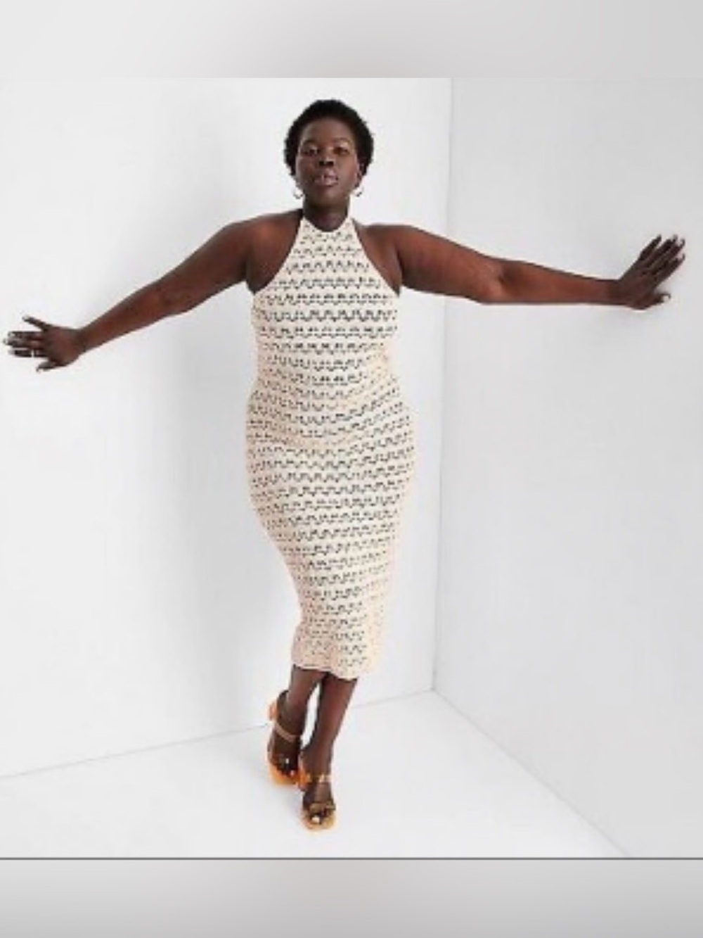 Future Collective Crochet Halter Midi Dress | Size XXL| Cream Open Knit